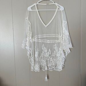 Forever 21 Sheer Lace Kimono White Boho Beach Cover Up Crochet Detail One Size